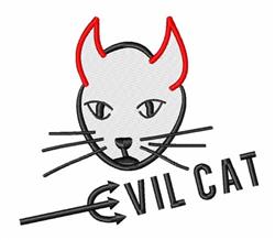 Playful cat face with red horns and bright eyes, featuring 'EVIL CAT' text below in bold font. Perfect for embroidery.