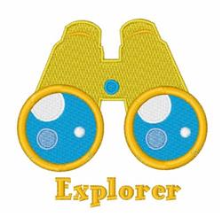 Playful binoculars in bright yellow with blue lenses and festive 'Explorer' text, perfect for outdoor adventures.