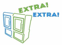 Playful design features vending machines in blue and green with bold text 'EXTRA! EXTRA!' for a modern feel.