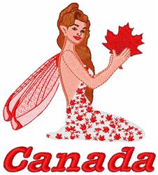 Colorful fairy character with brown hair and delicate wings, holding a vibrant maple leaf for Canada Day.