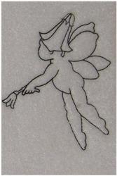 Simple outline drawing of a fairy with wings, poised gracefully holding a flower against a light gray background.