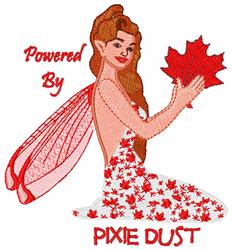 Whimsical fairy with brown hair and a red maple leaf dress in colorful autumn hues, celebrating nature.
