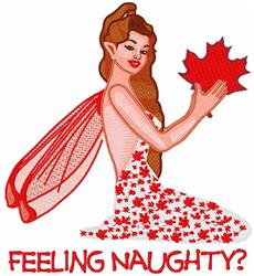 Whimsical fairy with long brown hair in a floral dress, joyfully holding a red maple leaf. Perfect for autumn.