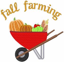 Playful wheelbarrow filled with vibrant pumpkins, apples, and corn, featuring cheerful golden text, perfect for autumn.