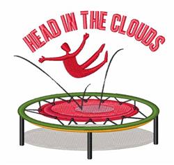 Playful figure falling from a colorful trampoline with a red surface, surrounded by vibrant text 'HEAD IN THE CLOUDS'.