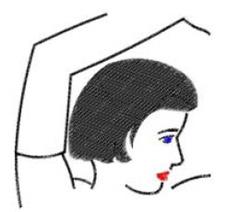 Stylized female dancer with black hair, blue eyes, and red lips in a minimalistic portrait.