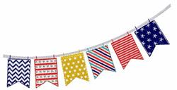 Colorful festive banners in red, blue, yellow, and white with chevrons, polka dots, and stripes.