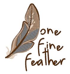 Whimsical feather design in earthy brown and soft blue, featuring 'one fine feather' text in flowing script.