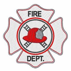 Firefighter badge featuring a bold red helmet, fire department emblem, and ladder elements on a white circular background.