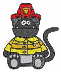Applique firefighter cat wearing a yellow jacket and red hat, showing a playful expression.