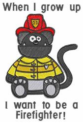 Cartoon cat in a firefighter uniform with a bright yellow outfit and red hat, featuring cheerful text.