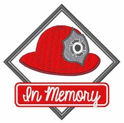 Memorial firefighter helmet with a bold red color, gray badge, and 'In Memory' text in a diamond shape.