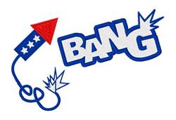 Playful firework rocket with red tip and white stars, soaring towards bold blue 'BANG' text, perfect for Independence Day.
