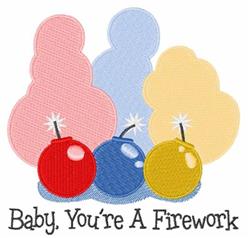 Colorful firework shapes including red, blue, and yellow bombs, with playful text 'Baby, You're A Firework' for celebrations.