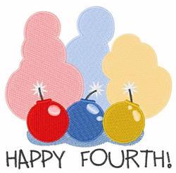 Colorful fireworks in red, blue, and yellow burst over pastel clouds with 'HAPPY FOURTH!' text for a festive Fourth of July.