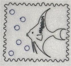 Stylized fish in black outline with playful bubbles, framed by scalloped edges in simple line art.