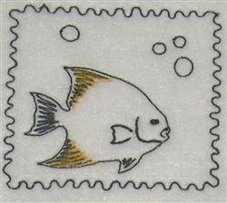 Whimsical fish with light orange fins swimming among two bubbles, framed playfully, perfect for embroidery.