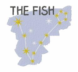 Colorful constellation of a fish on a light blue background with yellow stars and playful text 'THE FISH'.