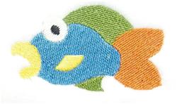 Playful cartoon fish with a blue body, green fins, and an orange tail, featuring a white eye and yellow accents.