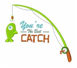 Playful fishing theme with a vibrant green fishing rod, cute blue fish, and colorful text 'You're The Best CATCH'.