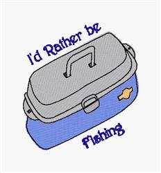 Cartoonish fishing tackle box in gray and blue with a yellow fish emblem and 'I'd Rather be Fishing' text.