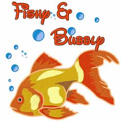 Playful goldfish in orange and yellow with blue bubbles and the text 'Fishy & Bubbly' in a vibrant design.