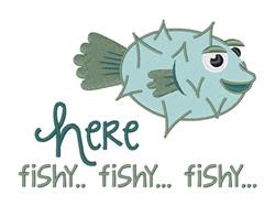 Cartoonish fish with expressive eyes and spiky texture, featuring playful text 'here fishy fishy fishy...' in soft blues.