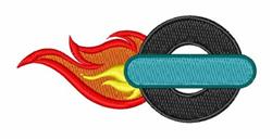 Bold flame design with a red and yellow stylized flame, black circle, and teal bar, creating energetic movement.