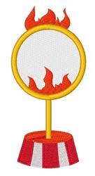Flaming hoop featuring vibrant orange and red flames atop a yellow outline, resting on a playful red and white striped base.