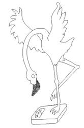 Minimalist flamingo balancing on one leg atop a scale, highlighting its elegant neck and wings in line art style.