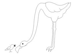 Flamingo with a curved neck interacting with a small bird, outlined in simple black lines on white.