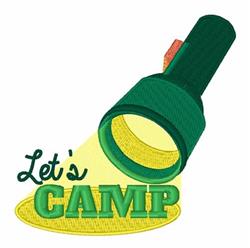 Playful flashlight with yellow beam and bold 'Let's CAMP' text, perfect for vibrant outdoor camping designs.