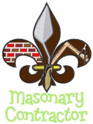 Fleur-de-lis with masonry tools, detailed cartoonish design in bold colors and a brick pattern background.