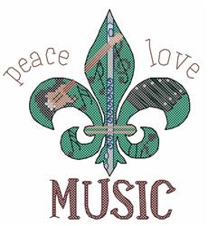 Cross stitch design featuring a vibrant green fleur-de-lis and whimsical 'peace love MUSIC' text.