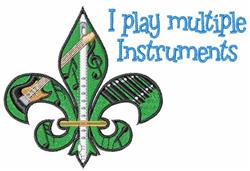 Vibrant green fleur-de-lis adorned with musical instruments like a guitar and flute, featuring playful text.