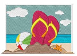 Playful pink flip-flops partially buried in tan sand, next to a colorful beach ball, set against a summer seaside backdrop.