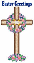 Festive floral wreath surrounds a golden-brown cross with bold blue 'Easter Greetings' text in detailed design.