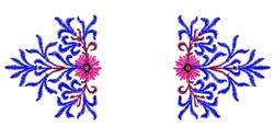 Floral design featuring intricate blue leaves swirling around a central pink flower, showcasing ornamental elegance.