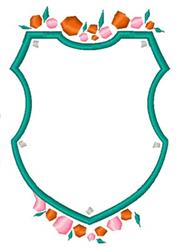 Shield-shaped frame with a teal outline, surrounded by orange and pink floral embellishments and green leaves.