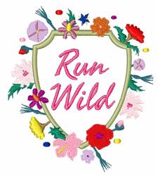 Vibrant shield with floral patterns and 'Run Wild' text in pink, surrounded by colorful embellishments.