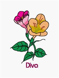 Vibrant flower bouquet with a pink bloom and open orange flower, surrounded by green leaves and the word 'Diva' embroidered.