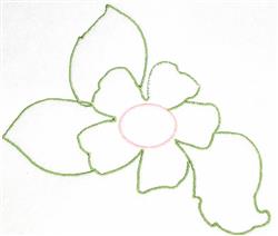 Simple line art flower with elongated petals and central stamen, outlined in green and light pink on white background.