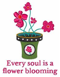 Flower pot with vibrant pink blooms in a cheerful green pot, featuring a playful text phrase, perfect for decorative embroide