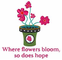 Colorful flower pot with vibrant pink flowers and a joyful phrase, perfect for uplifting home decor.