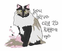 Playful fluffy cat in gray, black, and white fur with bright yellow eyes, featuring the humorous text, 'you have cat 2b kitte