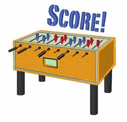 Brightly colored foosball table featuring blue and red players, with a bold 'SCORE!' above in playful font.