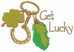 Playful key fob featuring a green four-leaf clover, lucky horseshoe, and colorful feather for St. Patrick's Day.