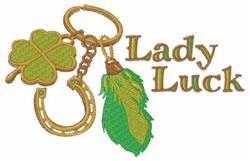 Playful design featuring a green four-leaf clover, golden horseshoe, and colorful feather for St. Patrick's Day.
