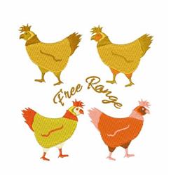 Playful chickens in vibrant yellow, orange, and red, with 'Free Range' text, perfect for machine embroidery.