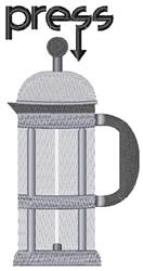 Embroidery design of a French press coffee maker in gray, featuring a round top, handle, and bold 'press' text above.
